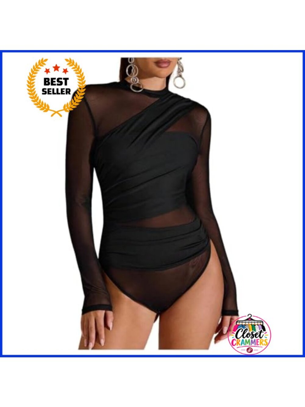 Sheer Mesh Bodysuit Ruched Long Sleeve Fitted Mock Neck Leotard